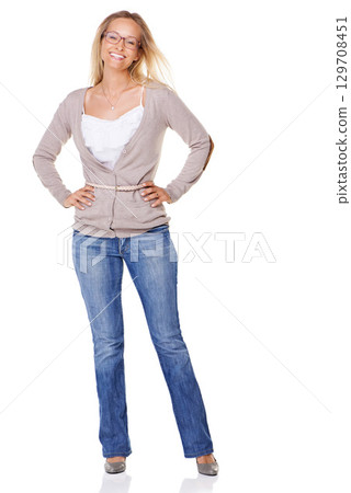 Fashion, beauty and portrait of woman on a white background for trendy, stylish and 2000s clothes. Style, cosmetics and happy, confident and female fashion model with smile from Canada in studio Fashion, beauty and portrait of woman on a white background for trendy, stylish and 2000s clothes. Style, cosmetics and happy, confident and female fashion model with smile from Canada in studio 129708451