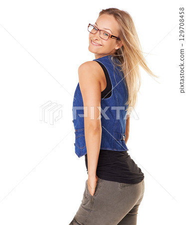 Happy woman, glasses portrait and clear vision with a smile, happiness and positive mindset wearing casual clothes. Beauty of young female on white background in studio for advertising and marketing 129708458