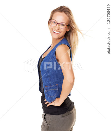 Female model, glasses and happy face of a teacher with proud joy from vision. Natural beauty and excited person face smile ready for reading content with satisfaction and positive lifestyle 129708459