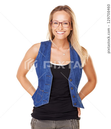 Fashion, studio and portrait of a model with glasses with a positive mindset, smile and joy. Happiness, beauty and happy woman with spectacles with casual outfit by white background with mockup space 129708460