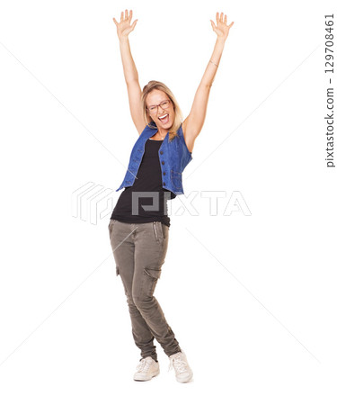Winner, wow and a woman arms raised in celebration in studio on a white background for success or achievement. Freedom, goal and target with a young female celebrating reaching goals or glory 129708461