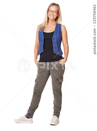 Woman, studio portrait and smile with clothes, urban fashion and glasses for style by white background. Model, clothing and shoes for lifestyle, beauty or comfort for happiness, confidence or excited 129708462