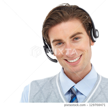 Telemarketing, call center and portrait of man in studio for customer services, support and advertising mockup. Face of telecom agent, consultant or salesman employee communication or business advice 129708471