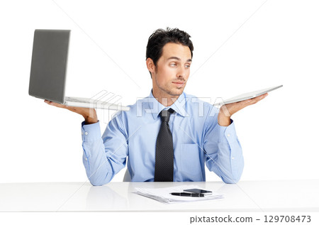 Tech tablet, laptop and business man review financial portfolio, stock market economy or trading investment. Scale choice comparison, bitcoin mining and trader research nft, forex or cryptocurrency 129708473