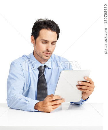 Thinking, digital tablet and businessman in studio for planning, internet and search on mockup. Management, online project and man busy with schedule while working on app for task, email or browsing Thinking, digital tablet and businessman in studio for planning, internet and search on mockup. Management, online project and man busy with schedule while working on app for task, email or browsing 129708480