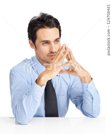 Thinking, idea and businessman in studio contemplating, brainstorming or planning a project. Corporate, plan and pensive professional male employee being thoughtful on a proposal by white background. Thinking, idea and businessman in studio contemplating, brainstorming or planning a project. Corporate, plan and pensive professional male employee being thoughtful on a proposal by white background. 129708481