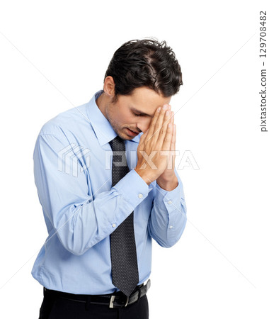 Corporate businessman, praying hands or hope on studio background for new job opportunity, sales deal or promotion. Prayer, hand gesture or worker employee on mockup backdrop in worship for good luck Corporate businessman, praying hands or hope on studio background for new job opportunity, sales deal or promotion. Prayer, hand gesture or worker employee on mockup backdrop in worship for good luck 129708482
