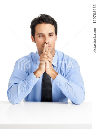 Thinking, portrait and businessman in studio planning strategy, goal and vision isolated on white background. Man and business owner with ambition, mindset and an expert consultant in management Thinking, portrait and businessman in studio planning strategy, goal and vision isolated on white background. Man and business owner with ambition, mindset and an expert consultant in management 129708483