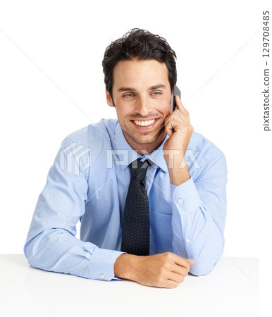 Phone call, happy man and business networking on studio background for communication, negotiation and contact. Corporate worker, white background and mobile talking to investor, consultant or trading 129708485