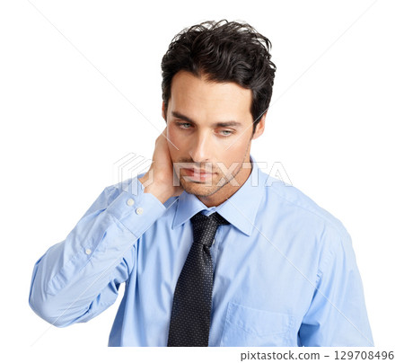 Sad businessman, face or neck touching on studio background in finance fraud, money laundering or bribe mistake. Thinking financial worker, employee or anxiety in company burnout, crisis or risk fail Sad businessman, face or neck touching on studio background in finance fraud, money laundering or bribe mistake. Thinking financial worker, employee or anxiety in company burnout, crisis or risk fail 129708496