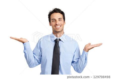 Happy, comparison and balance portrait of businessman with product placement mockup and smile. Choice, decision and options of corporate man with white studio background for marketing. 129708498