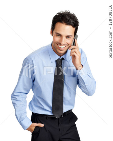 Phone call, studio and business man with communication, corporate negotiation and networking strategy. Smile of a professional worker using phone or smartphone for career feedback, job review or news Phone call, studio and business man with communication, corporate negotiation and networking strategy. Smile of a professional worker using phone or smartphone for career feedback, job review or news 129708516