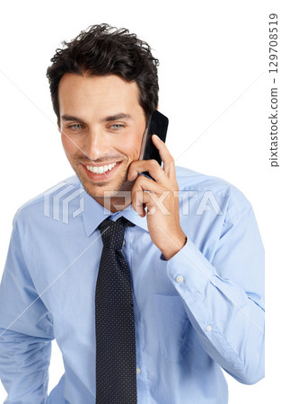Phone call, studio and happy businessman with communication, negotiation and networking strategy. Happy professional man using phone or smartphone for career feedback, job review or talking to client 129708519