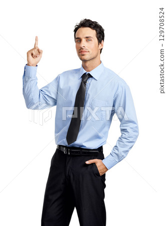 Portrait of businessman, hand and thinking finger on studio background with company vision, innovation and growth mindset. Corporate worker, employee questions and ideas on mockup branding backdrop 129708524