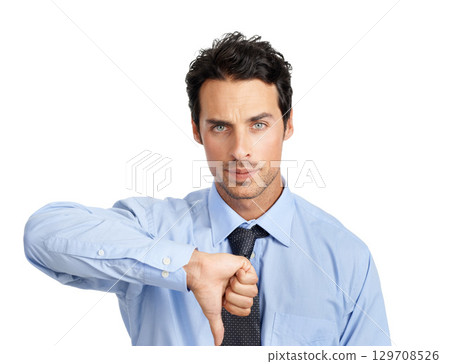 Portrait, hand and businessman with thumbs down in studio for no, bad and business fail on white background. Face, failure and young entrepreneur showing negative emoji for objection while isolated Portrait, hand and businessman with thumbs down in studio for no, bad and business fail on white background. Face, failure and young entrepreneur showing negative emoji for objection while isolated 129708526