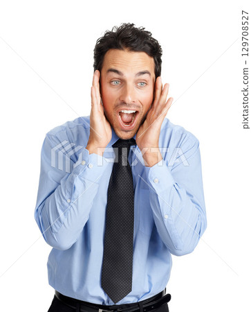 Businessman, face or shocked with mouth open on studio background for company gossip, secret news or wow discount. Corporate worker, employee or surprised facial expression on white mock up backdrop Businessman, face or shocked with mouth open on studio background for company gossip, secret news or wow discount. Corporate worker, employee or surprised facial expression on white mock up backdrop 129708527