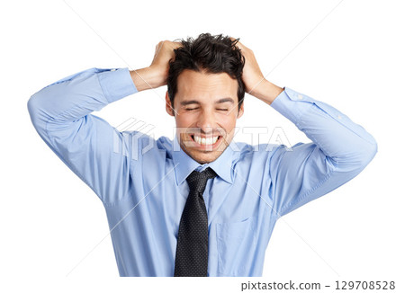 Frustrated businessman, stress and pulling hair on studio background in finance fraud, money laundering or mistake. Worker anxiety, crisis or nervous employee with mental health burnout or stock loss 129708528