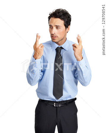 Businessman hands, anxiety or fingers crossed on studio background mockup in new job or employment opportunity. Stress, nervous or luck hand gesture in hope, worry or wish change for corporate worker Businessman hands, anxiety or fingers crossed on studio background mockup in new job or employment opportunity. Stress, nervous or luck hand gesture in hope, worry or wish change for corporate worker 129708541