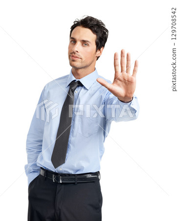 Businessman, portrait or stop hand gesture on studio background in finance fraud, money laundering or bribe. Financial worker, employee or refuse hand gesture to insurance investment or strategy deal 129708542