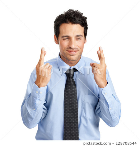 Businessman hands, hope and fingers crossed on studio background mockup in new job or employment opportunity. Expression, nervous and luck hand gesture for worker anxiety, nervous or positive change 129708544