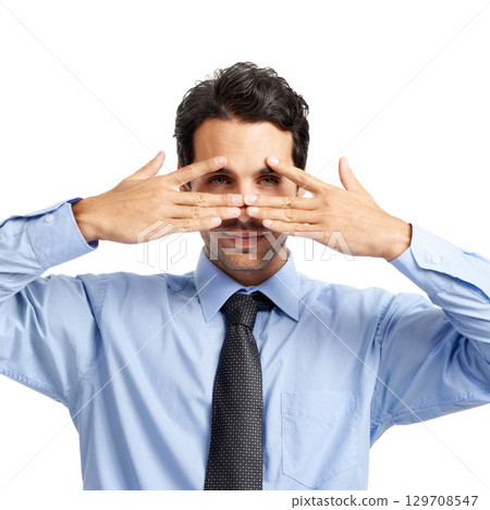 I see you. Portrait, face and hands with a business man in studio on a white background with a vision for future success. I see you. Portrait, face and hands with a business man in studio on a white background with a vision for future success. 129708547