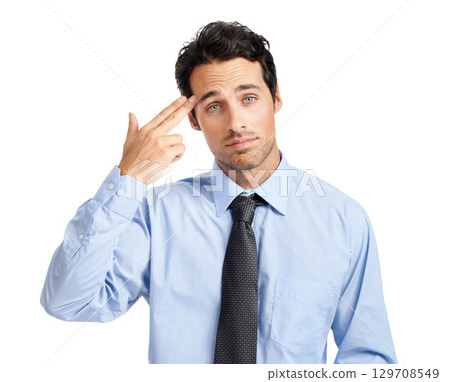 Portrait of businessman, gun gesture and unhappy work environment with depression and stress on white background. Mental health, frustrated sad worker and man with hand sign shooting head for anxiety Portrait of businessman, gun gesture and unhappy work environment with depression and stress on white background. Mental health, frustrated sad worker and man with hand sign shooting head for anxiety 129708549