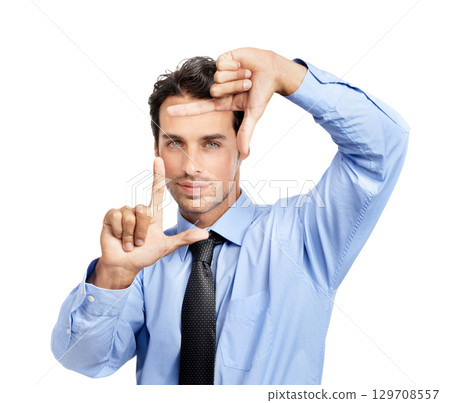 Hands, frame and portrait of business man on studio background for profile picture. Face, worker and finger framing for perspective, professional selfie and vision of planning, goals and inspiration Hands, frame and portrait of business man on studio background for profile picture. Face, worker and finger framing for perspective, professional selfie and vision of planning, goals and inspiration 129708557