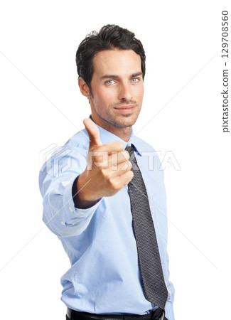 Businessman, portrait or thumbs up on studio background for good luck, company success or financial growth. Corporate worker, employee or hand gesture in thank you, investment vote or winner opinion 129708560