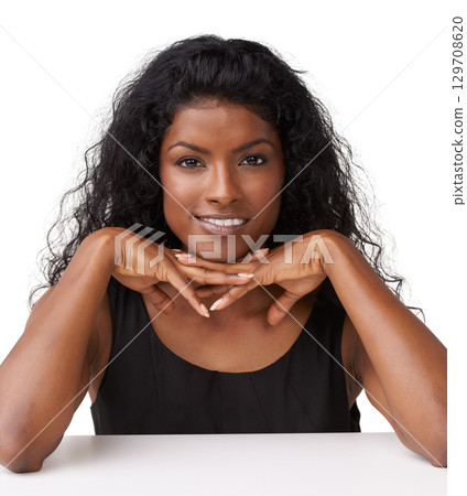 Portrait, beauty and cosmetics with an indian woman in studio isolated on a white background for skincare. Face, luxury or wellness with an attractive young female posing to promote natural treatment Portrait, beauty and cosmetics with an indian woman in studio isolated on a white background for skincare. Face, luxury or wellness with an attractive young female posing to promote natural treatment 129708620