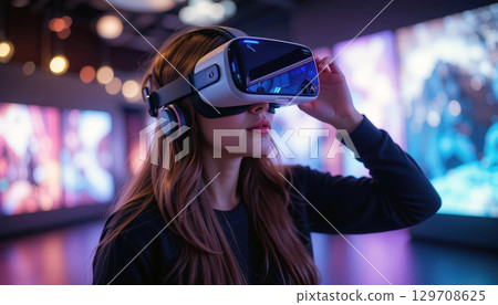 Young Woman Immersed in Virtual Reality with a Futuristic Background. 129708625