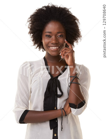 Beauty, black woman and model portrait feeling happiness with smile and white background. Isolated, calm and happy smiling of a person with curly afro hair confident and beautiful with mock up Beauty, black woman and model portrait feeling happiness with smile and white background. Isolated, calm and happy smiling of a person with curly afro hair confident and beautiful with mock up 129708640