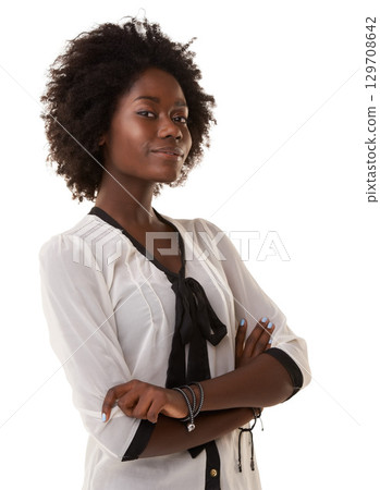 Black woman, happy and model portrait of a person with arms folded feeling confident. White background, vertical and isolated woman with natural afro hair and business casual fashion with mockup Black woman, happy and model portrait of a person with arms folded feeling confident. White background, vertical and isolated woman with natural afro hair and business casual fashion with mockup 129708642