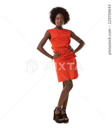 Fashion, portrait and black woman in dress in a studio with a fancy, luxury and stylish outfit. Style, trendy and African female model in cool, red and beautiful clothes isolated by white background Fashion, portrait and black woman in dress in a studio with a fancy, luxury and stylish outfit. Style, trendy and African female model in cool, red and beautiful clothes isolated by white background 129708643