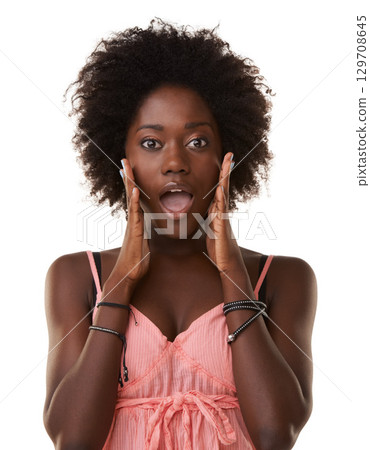 Wow face, black woman and portrait in studio, isolated white background and crazy announcement. Model surprise at gossip, secret news and emoji for wtf notification, curious announcement and shocked Wow face, black woman and portrait in studio, isolated white background and crazy announcement. Model surprise at gossip, secret news and emoji for wtf notification, curious announcement and shocked 129708645