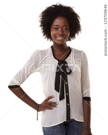 Portrait, fashion and afro with a black woman in studio isolated on a white background while standing hand on hip. Model, style and african with an attractive young female in contemporary clothes Portrait, fashion and afro with a black woman in studio isolated on a white background while standing hand on hip. Model, style and african with an attractive young female in contemporary clothes 129708646