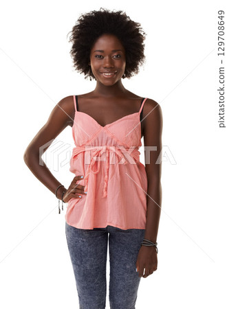 Portrait, fashion and beauty of black woman in studio isolated on a white background. Natural cosmetics, aesthetics and young, happy and beautiful female model in stylish, cool and trendy clothes. 129708649