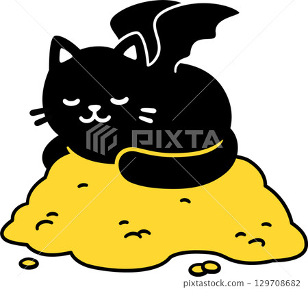 Cute cartoon black cat dragon guarding treasures Cute cartoon black cat dragon guarding treasures 129708682