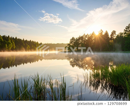A quiet morning lake and sunlight 129708699
