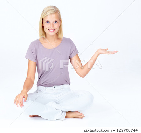 Woman, portrait and hand palm on marketing space, advertising mock up or product placement mockup. Smile, happy model and hand gesture for promotion show or sales deal branding on studio background. 129708744
