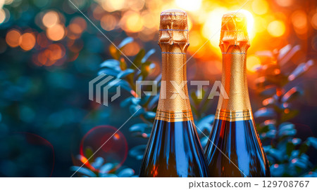 Two sparkling champagne bottles with golden caps against a vibrant sunset background Two sparkling champagne bottles with golden caps against a vibrant sunset background 129708767