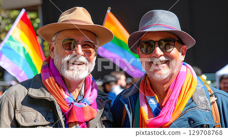 Two smiling older men wearing colorful scarves at a vibrant pride celebration with rainbow flags Two smiling older men wearing colorful scarves at a vibrant pride celebration with rainbow flags 129708768