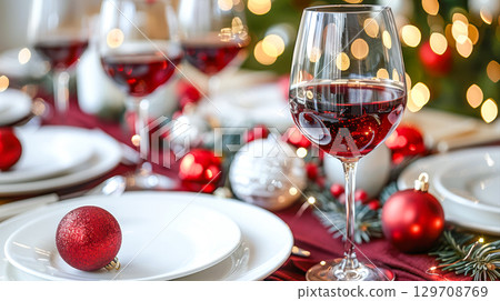 Elegant dining table set for festive celebration with red wine glasses and holiday decorations 129708769