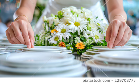 Elegant table setting with white plates and floral centerpiece for special event preparation 129708773