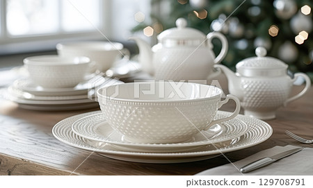 Elegant white dinnerware set arranged on wooden table with festive decorations in the background 129708791