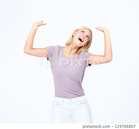 Pressure, heavy and mockup with a woman in studio isolated on a white background being weighed down. Fear, shouting and a female holding a weight or product on blank marketing and advertising space 129708807