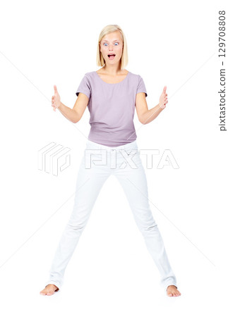 Wow, woman and empty hand holding in studio for product placement, marketing and branding surprise. Excited model with hands to show mock up for advertising or promotion isolated on white background Wow, woman and empty hand holding in studio for product placement, marketing and branding surprise. Excited model with hands to show mock up for advertising or promotion isolated on white background 129708808