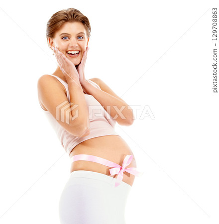 Pregnant, portrait and woman in studio with ribbon, happy and tummy, smile and excited for gift of fertility. Face, pregnancy and girl happy, cheerful and positive, omg and joy on white background Pregnant, portrait and woman in studio with ribbon, happy and tummy, smile and excited for gift of fertility. Face, pregnancy and girl happy, cheerful and positive, omg and joy on white background 129708863
