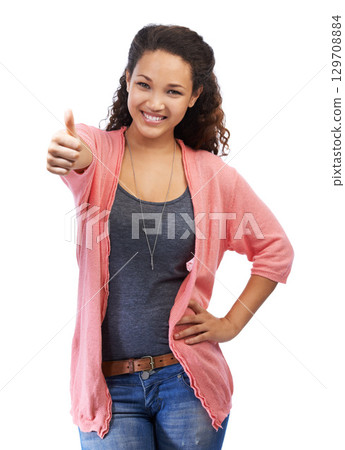 Black woman, portrait and thumbs up hand sign for support, thank you and yes for approval on white background. Smile and happy face of a young female model with like emoji for motivation and trust 129708884