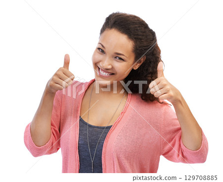 Face portrait, thumbs up and woman in studio isolated on a white background. Hands gesture, like emoji and happy female model with thumbsup for success, support or approval, thank you or agreement 129708885