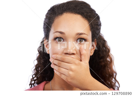 Portrait, hand on mouth and omg with a surprised black woman in studio on a white background in shock. Face, wow and surprise with young woman looking shocked at news, gossip or an announcement 129708890